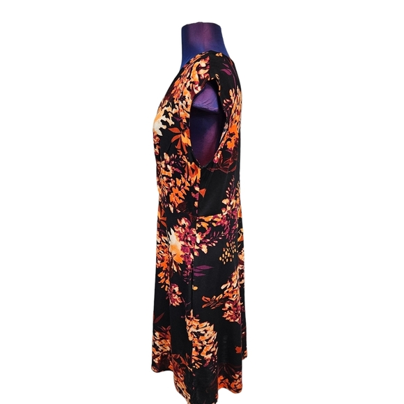 Lascana Venus Black & Orange Floral Print Faux Wrap Midi Dress Size Medium Women - Picture 4 of 9